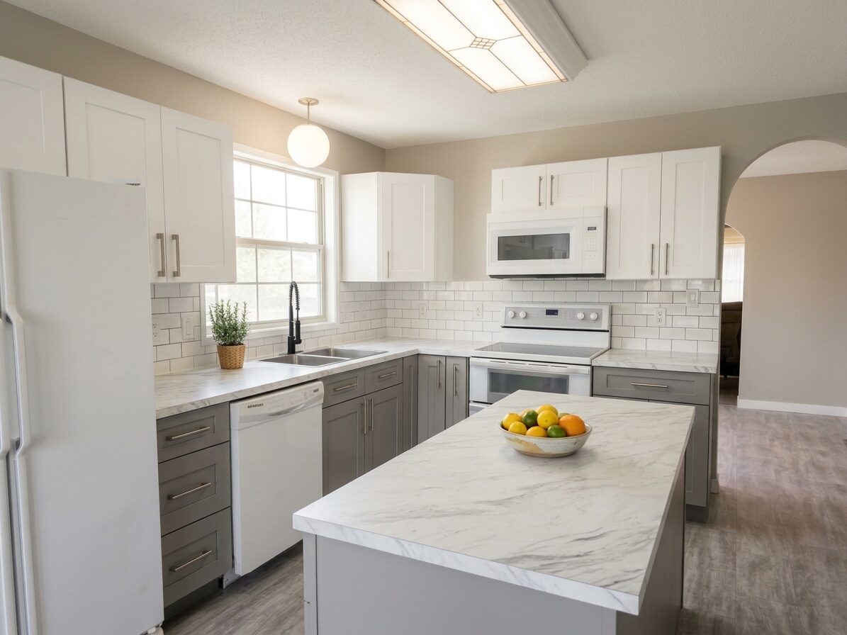 Modern kitchen after ProCoat repaint — clean white cabinets and soft greige walls