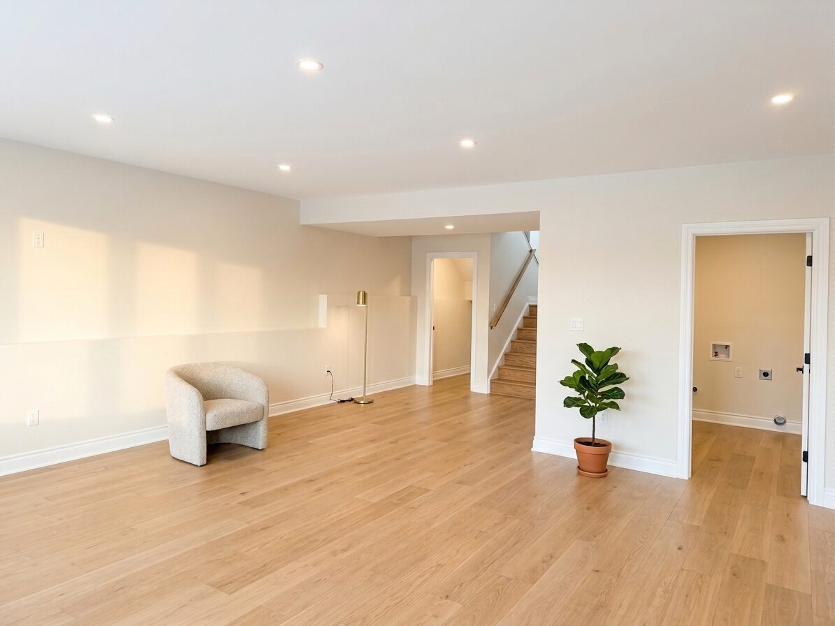 Basement living room and stairwell after ProCoat repaint
